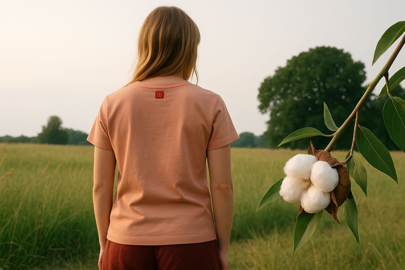 Nahaufnahme von grob gewebtem, naturfarbenem Bio-Stoff mit Blättern